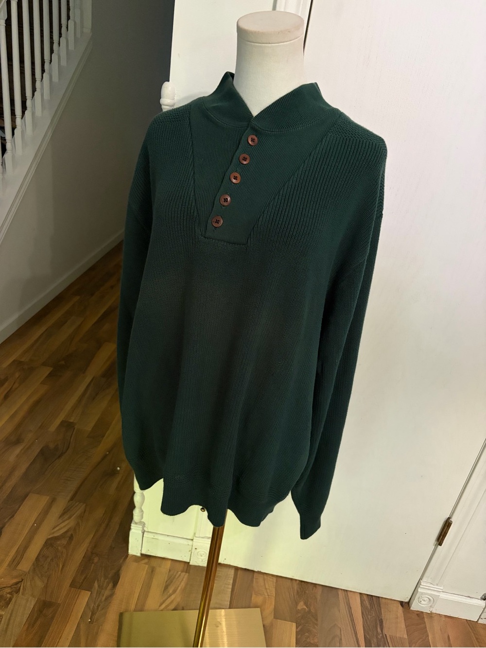 Vintage Land's End Dark Forest Green V-Neck Henley Sweater, XL, EUC